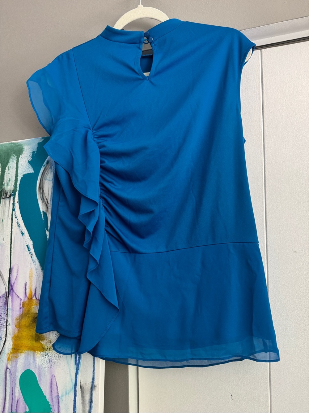 NWT Worthington Royal Blue Mock Neck Ruffle Blouse Top L Asymmetrical Stretch - Picture 4 of 8